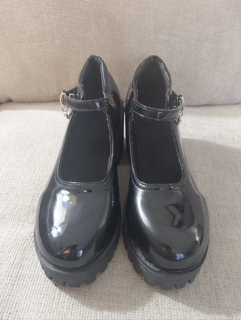 Black Patent Chunky Heel Lug Sole Mary Jane Shoes Size 10